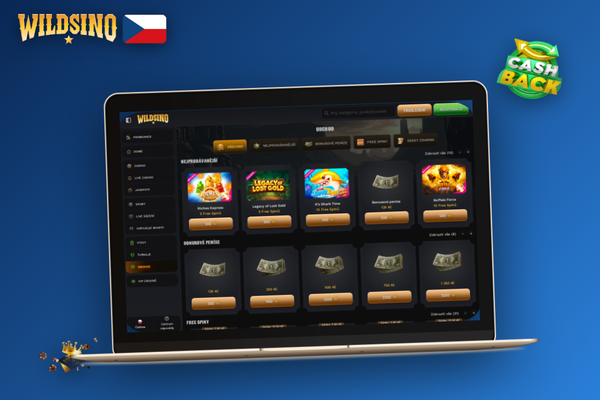 Wildsino desktop verze – uvítací přihlašovací obrazovka s tmavým motivem a zlatými akcenty